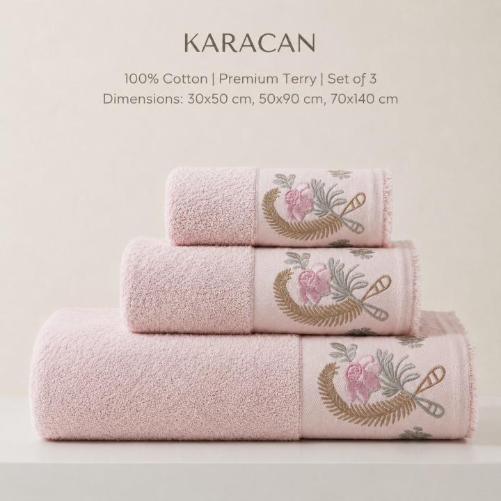Комплекти рушників з вишивкою KARACAN 3шт. (Рожевий квіти, 30х50/50х90/70х170)